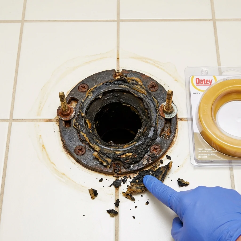 Failed wax ring showing water seepage at the base of a toilet in a Lake Alfred, FL home