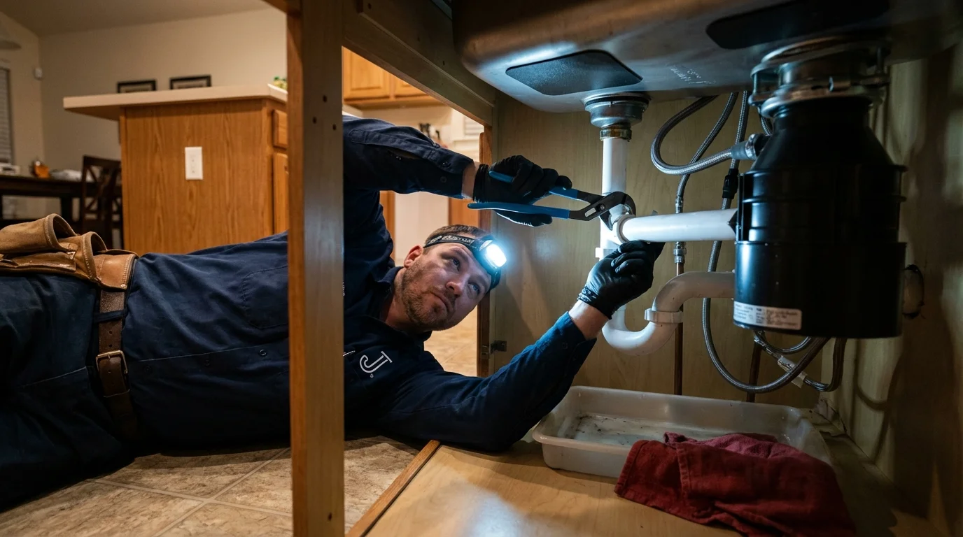 P-trap and supply line connections under a kitchen sink showing a common leak point in Lake Alfred, FL